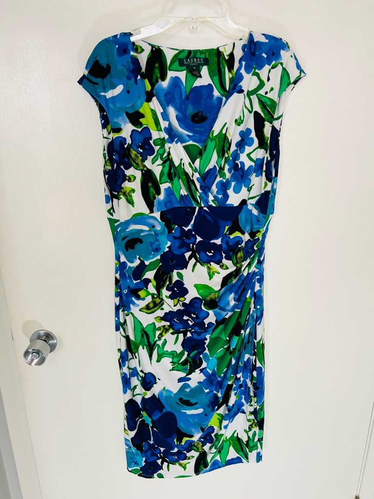 Lauren Ralph Lauren Blue Green White Floral Midi Cocktail Summer Garden Dress